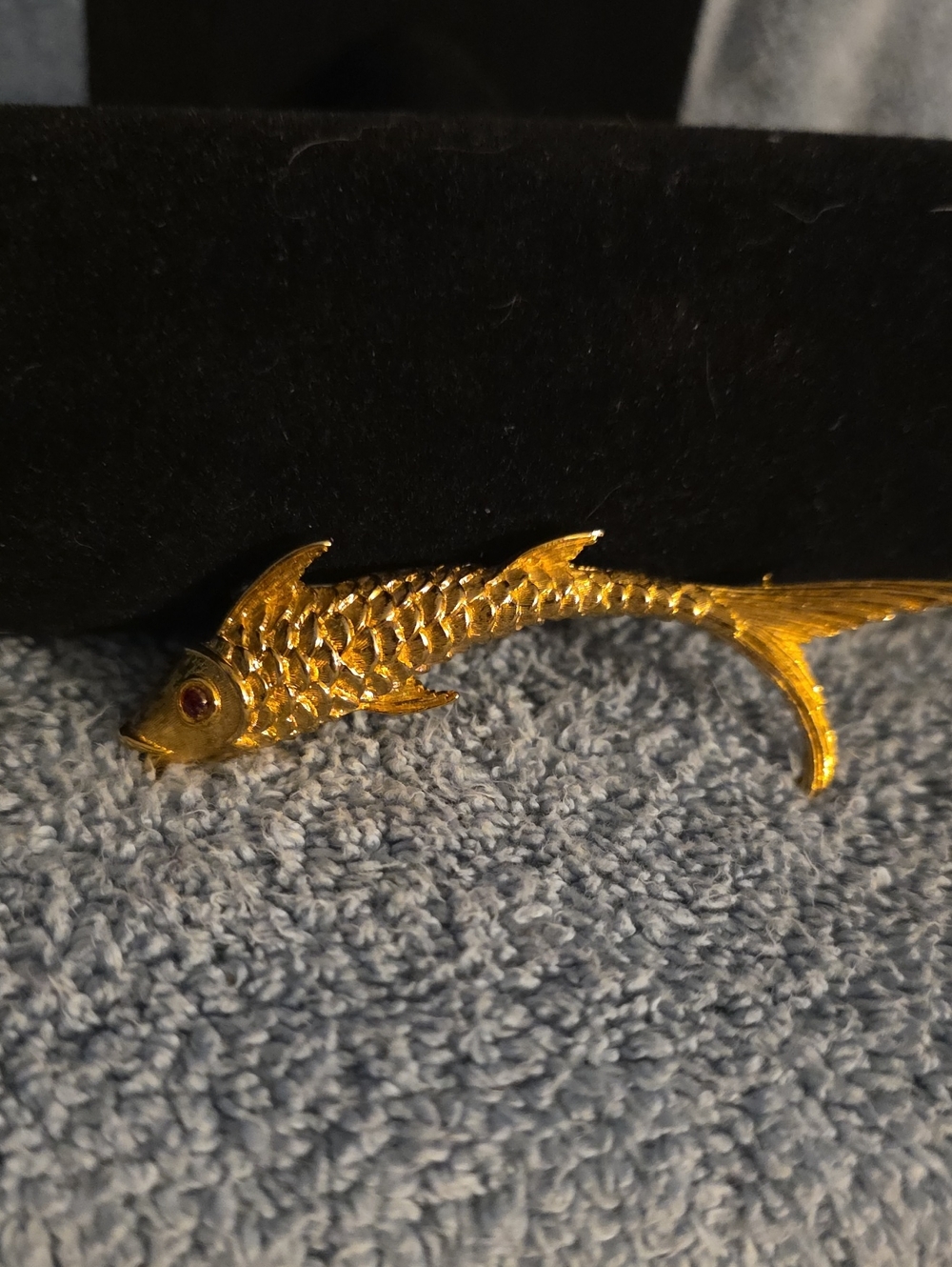 vintage signed Monet gold-tone koi fish brooch- textured scale. Red Eye